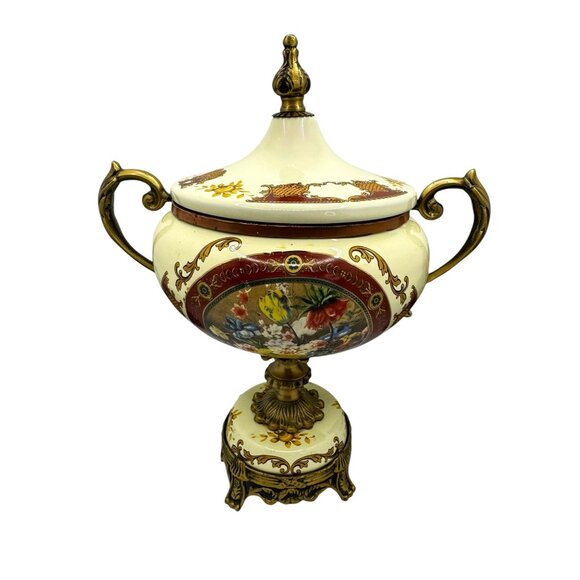 Vintage Ornate Porcelain & Brass Lidded Urn With Floral Motif & Dual Handles - Picture 3 of 11